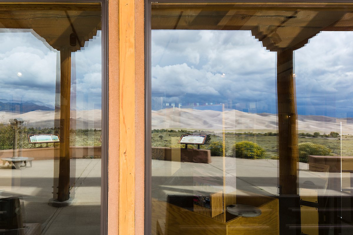 Dune field, visitor center. Great Sand Dunes National Park.  ()
